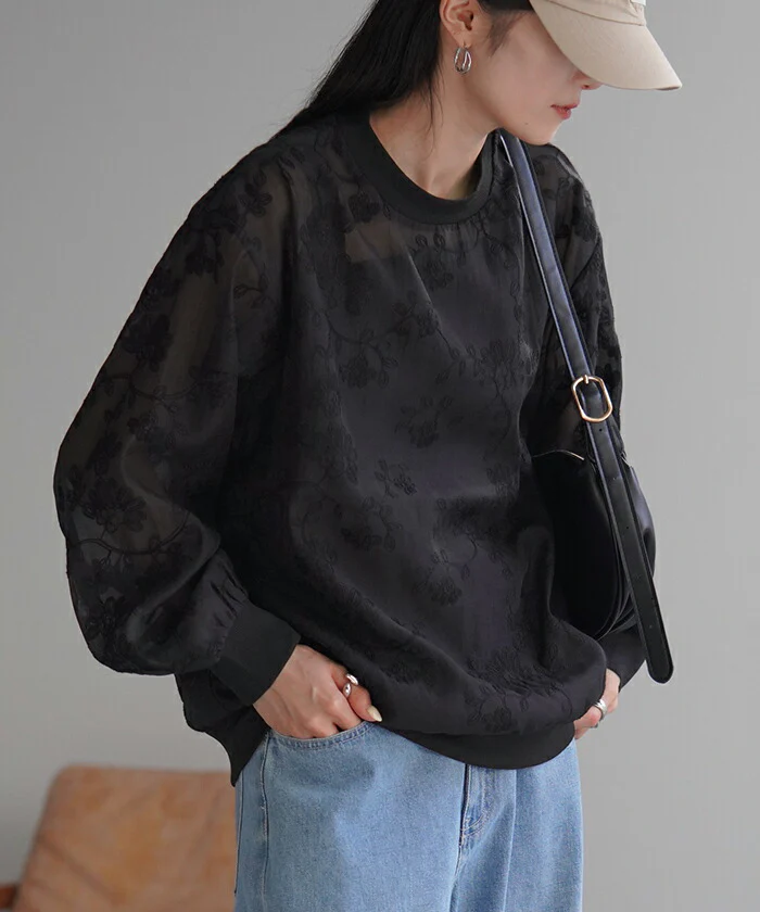 Tシャツ ロンT シアー ジャガード レディース トップス レース 透け 長袖 無地 Uネック 袖口ゴム 花柄 フラワー 刺繍 アート レイヤード 重ね着 ボリュームスリーブ プルオーバー 大きいサイズ 体型カバー シック きれいめ 上品 黒 白 春 夏 HUG.U メール便 - Image 5