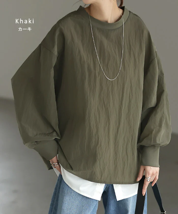 トップス “ ジャスト丈 ” ナイロン 体型カバー シアー ロンT レディース ドルマン リブ プルオーバー 無地 薄手 長袖 Tシャツ ロング ロンティー ビッグ 大きいサイズ ゆったり Uネック 変形 シワになりにくい 二の腕カバー 黒 オレンジ 春 夏 HUG.U メール便 - Image 11