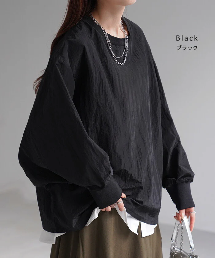 トップス “ ジャスト丈 ” ナイロン 体型カバー シアー ロンT レディース ドルマン リブ プルオーバー 無地 薄手 長袖 Tシャツ ロング ロンティー ビッグ 大きいサイズ ゆったり Uネック 変形 シワになりにくい 二の腕カバー 黒 オレンジ 春 夏 HUG.U メール便 - Image 12