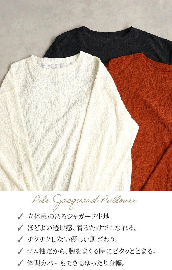 【特別価格】 Tシャツ ロンT シアー ジャガード レディース トップス レース 透け 長袖 無地 Uネック レイヤード 重ね着 袖口ゴム 幾何学模様 幾何模様 アート デザイン ボリュームスリーブ プルオーバー 大きいサイズ 体型カバー きれいめ 上品 赤 白 春 夏 HUG.U メール便 - Image 3
