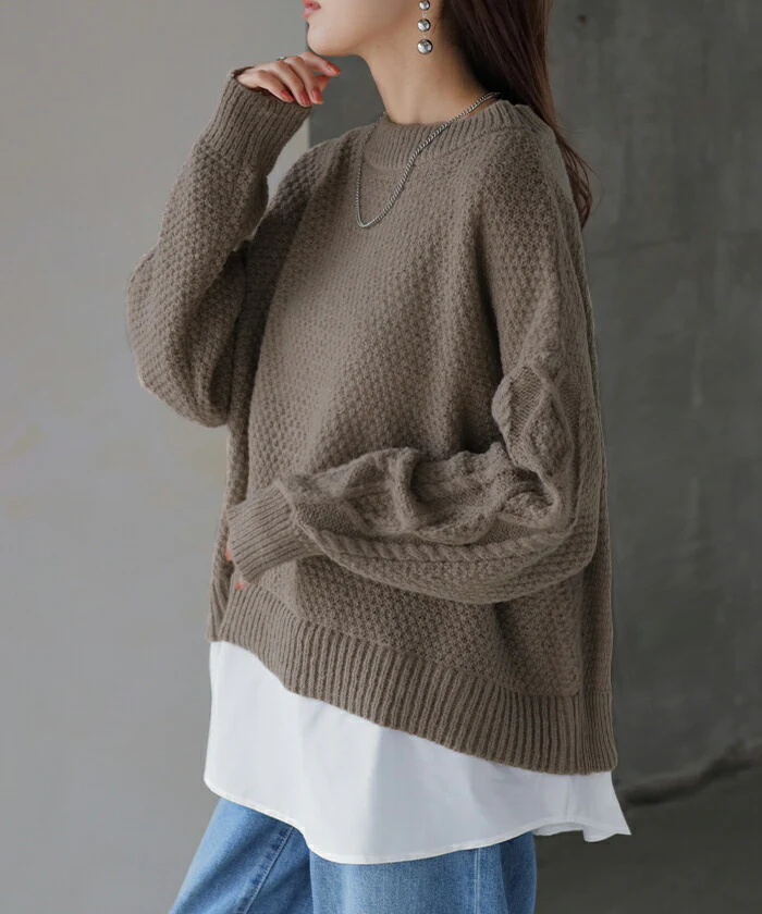 ニット シャツ ドッキング レイヤード 風 レディース トップス ロング ロングニット バックスリット ボリュームスリーブ ケーブルニット ドルマン ドロップショルダー 重ね着 オーバー チュニック 体型カバー 大きいサイズ 黒 白 春 夏 HUG.U - Image 8