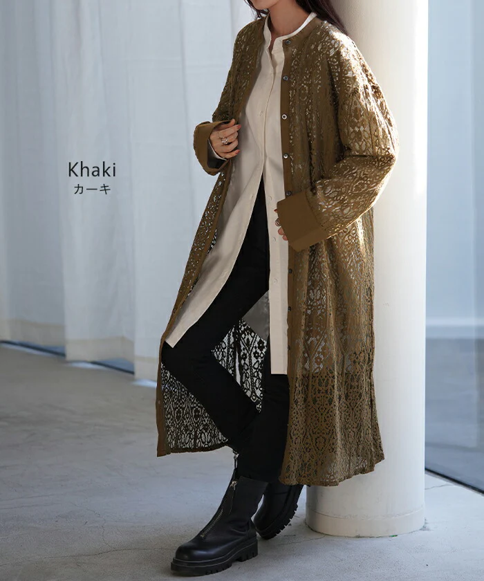 ワンピース シャツ レース レディース トップス 総柄 花柄 ノーカラー フラワー シアー 羽織 長袖 Uネック レイヤード 重ね着 アート ブラウス 体型カバー 大きいサイズ ロングワンピース ロングシャツ きれいめ 黒 白 春 夏 HUG.U - Image 13