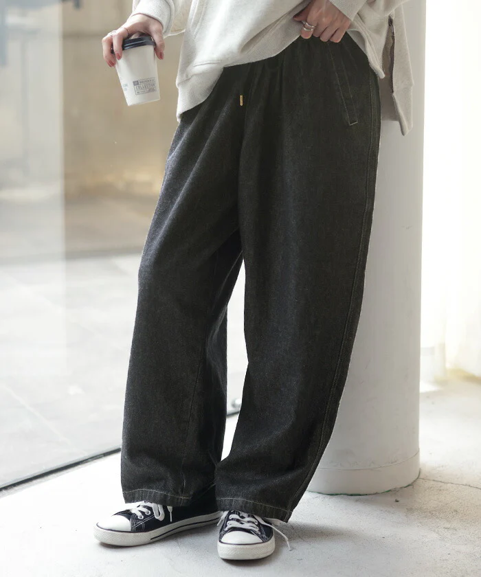 パンツ デニム テーパード 綿100％ 低身長 さん レディース ボトムス 無地 ハイウエスト ウエストゴム コットン コクーン 短め テーパードパンツ クロップド ジーパン ロング ズボン 大きいサイズ 体型カバー ネイビー 黒 春 夏 HUG.U - Image 14
