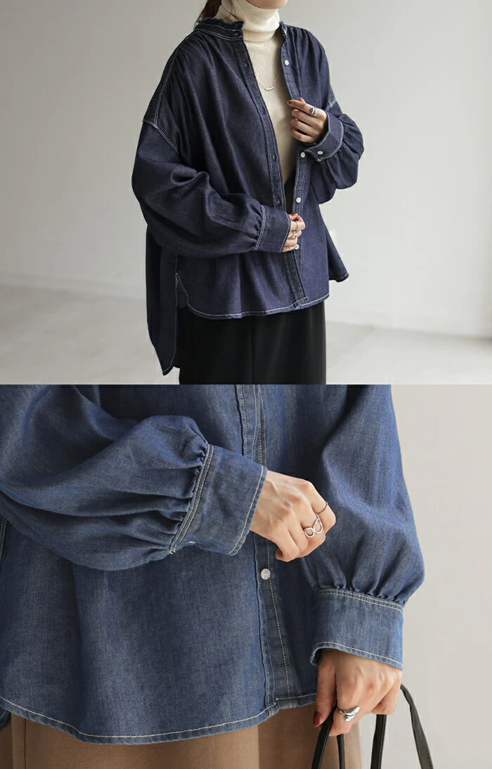 シャツ デニム コンパクト目 ロング レディース デニムシャツ トップス アウター ロングシャツ チュニック ノーカラー フリンジ 長袖 羽織 ジャケット ドルマン 体型カバー お尻が隠れる 二の腕カバー ギャザー ジーンズ 大人 無地 黒 春 夏 HUG.U - Image 13