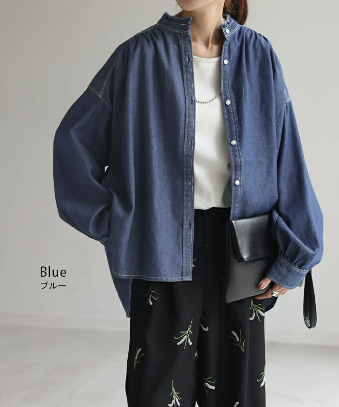 シャツ デニム コンパクト目 ロング レディース デニムシャツ トップス アウター ロングシャツ チュニック ノーカラー フリンジ 長袖 羽織 ジャケット ドルマン 体型カバー お尻が隠れる 二の腕カバー ギャザー ジーンズ 大人 無地 黒 春 夏 HUG.U - Image 14