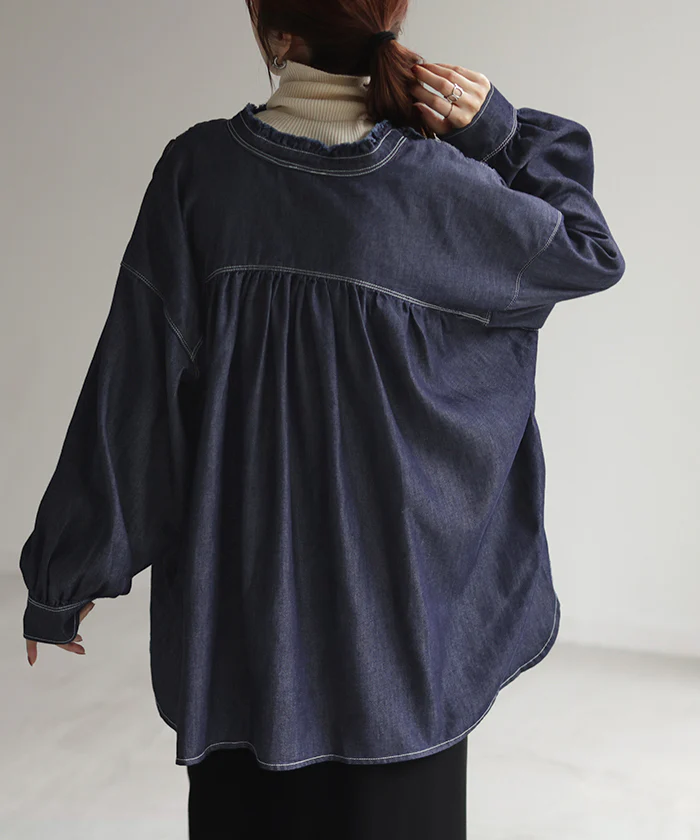 シャツ デニム コンパクト目 ロング レディース デニムシャツ トップス アウター ロングシャツ チュニック ノーカラー フリンジ 長袖 羽織 ジャケット ドルマン 体型カバー お尻が隠れる 二の腕カバー ギャザー ジーンズ 大人 無地 黒 春 夏 HUG.U - Image 27