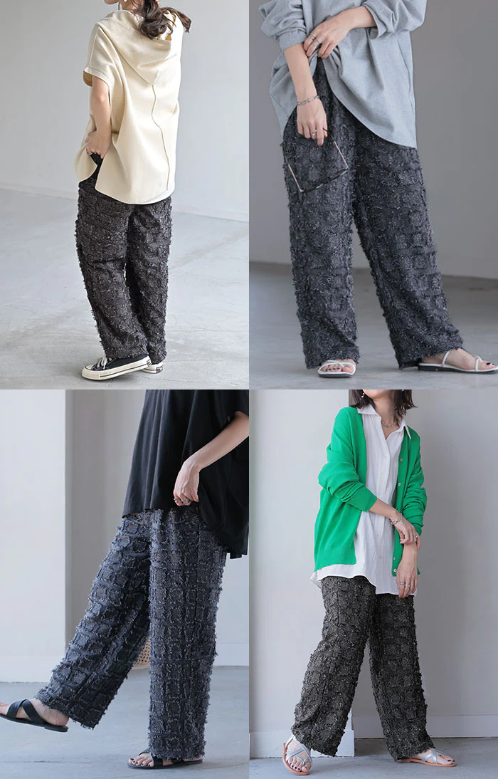パンツ フリンジ チェック 柄 レディース ストレート ワイド ワイドパンツ ロング ロングパンツ タックパンツ 体型カバー ボトムス ボトム ズボン テーパード テーパードパンツ ゆったり 大きいサイズ 別売り セットアップ 可 黒 春 夏 HUG.U - Image 20