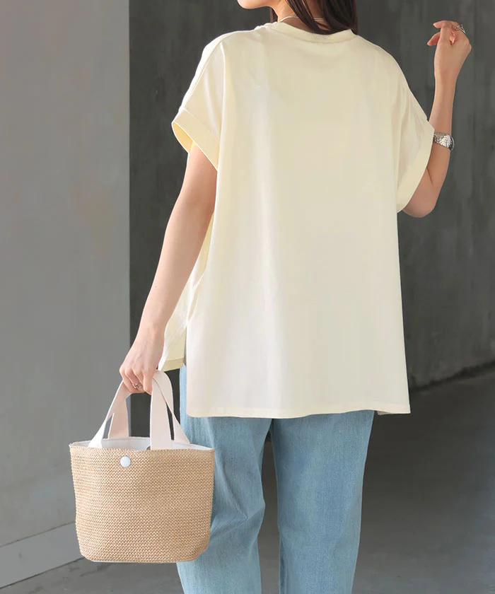 Tシャツ 接触冷感 綿100％ レディース トップス 涼しい 薄手 半袖 カットソー ロング ティーシャツ チュニック ビッグ プラスサイズ クルーネック 長い ゆったり フレンチスリーブ 無地 体型カバー お尻が隠れる おしゃれ スリット 黒 春 夏 HUG.U メール便 - Image 17