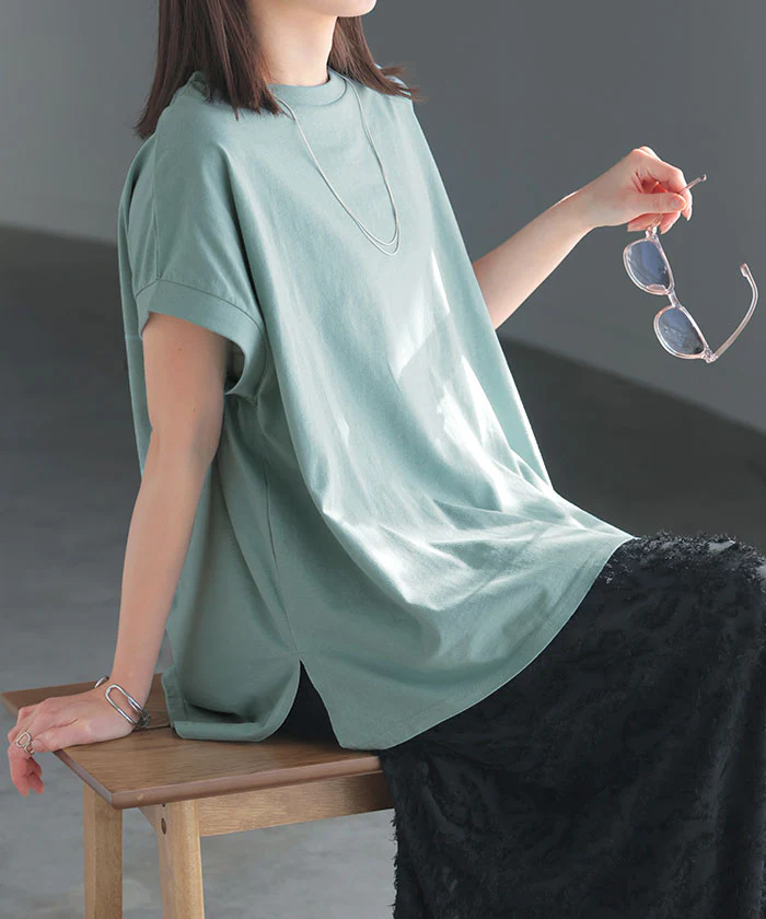 Tシャツ 接触冷感 綿100％ レディース トップス 涼しい 薄手 半袖 カットソー ロング ティーシャツ チュニック ビッグ プラスサイズ クルーネック 長い ゆったり フレンチスリーブ 無地 体型カバー お尻が隠れる おしゃれ スリット 黒 春 夏 HUG.U メール便 - Image 27