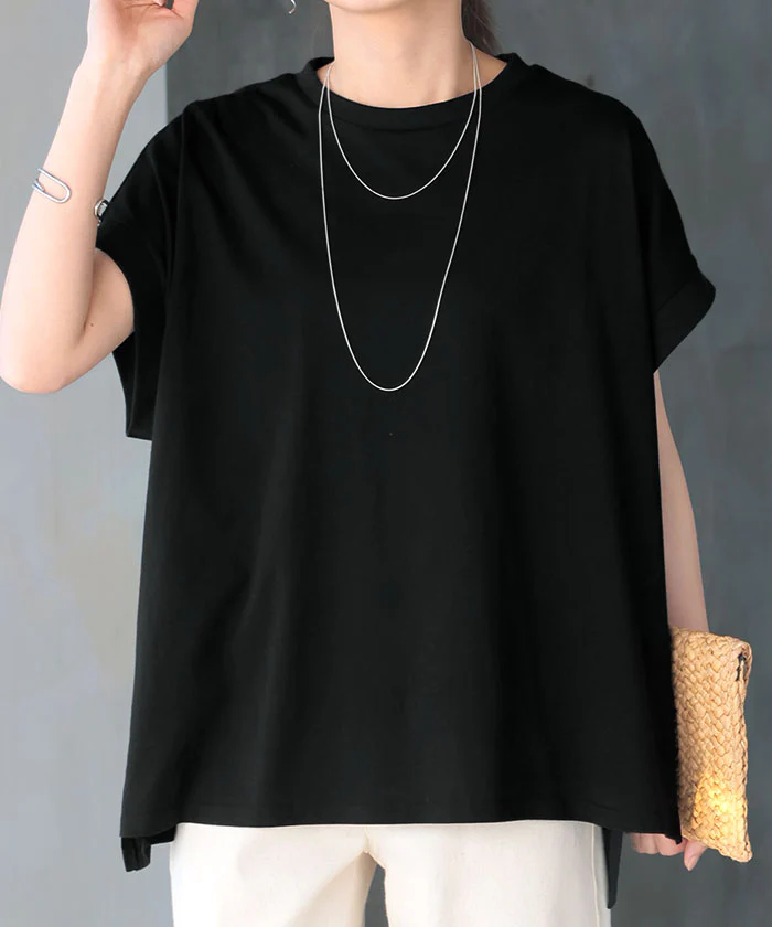 Tシャツ 接触冷感 綿100％ レディース トップス 涼しい 薄手 半袖 カットソー ロング ティーシャツ チュニック ビッグ プラスサイズ クルーネック 長い ゆったり フレンチスリーブ 無地 体型カバー お尻が隠れる おしゃれ スリット 黒 春 夏 HUG.U メール便 - Image 5