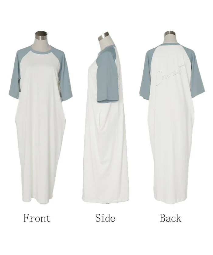 【夏セール】 ワンピース Tシャツ ロゴ ワンピ レディース ロング ロングワンピース カットソー Aライン マキシ マキシワンピース ワンピ ロングワンピ 半袖 ラグランスリーブ 体型カバー 二の腕カバー 大きいサイズ 配色 ストレッチ グレー 青 春 夏 HUG.U メール便 - Image 21