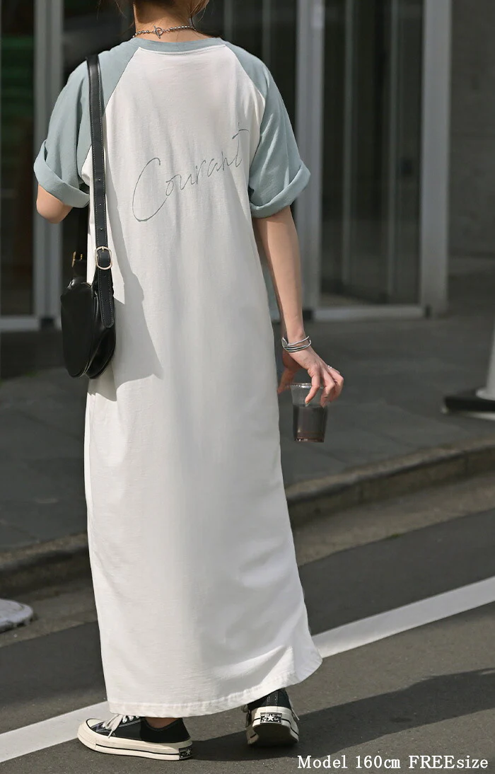 【夏セール】 ワンピース Tシャツ ロゴ ワンピ レディース ロング ロングワンピース カットソー Aライン マキシ マキシワンピース ワンピ ロングワンピ 半袖 ラグランスリーブ 体型カバー 二の腕カバー 大きいサイズ 配色 ストレッチ グレー 青 春 夏 HUG.U メール便 - Image 5