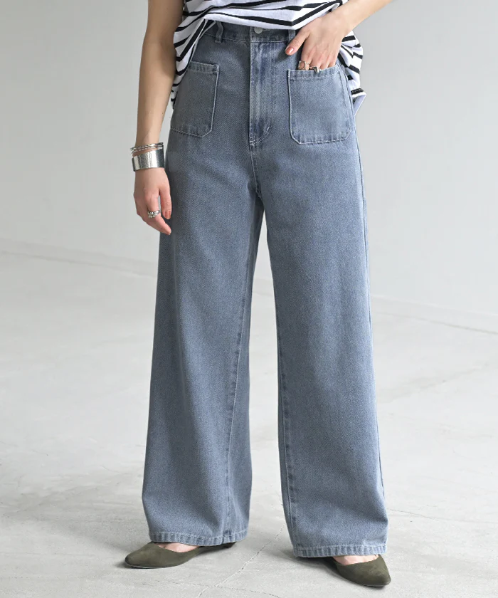 【夏セール】 デニム パンツ デニムパンツ レディース ワイドパンツ ワイド ジーンズ ジーパン フロント ポケット 無地 体型カバー ボトムス ボトム ストレート ズボン ゆったり ハイウエスト 伸びる ゴム 美脚 大きいサイズ ブルー ネイビー 春 夏 HUG.U - Image 5