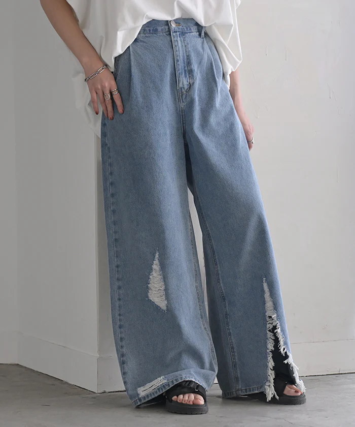 【夏セール】 デニム パンツ ワイド 綿100％ レディース ロング 長め ボトムス ダメージ 加工 ハイウエスト デニムパンツ 無地 ジーパン ジーンズ ワイドパンツ ゆったり ストレート 体型カバー 大きいサイズ ズボン ゴム スリット ボトム 黒 ブルー 夏 春 HUG.U - Image 5