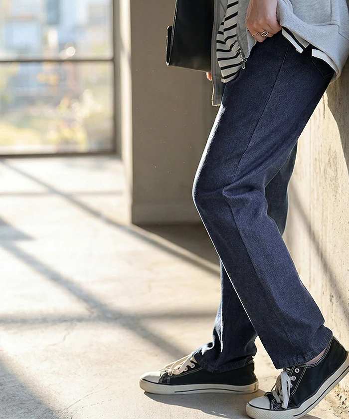 【夏セール】 ジャスト丈「革 命 デニム」 スウェット パンツ テーパード レディース デニムパンツ テーパードパンツ ジーンズ ジーパン ボトムス ボトム ストレート ズボン ゆったり ハイウエスト ストレッチ スキニー 美脚 大きいサイズ 黒 春 夏 HUG.U - Image 3