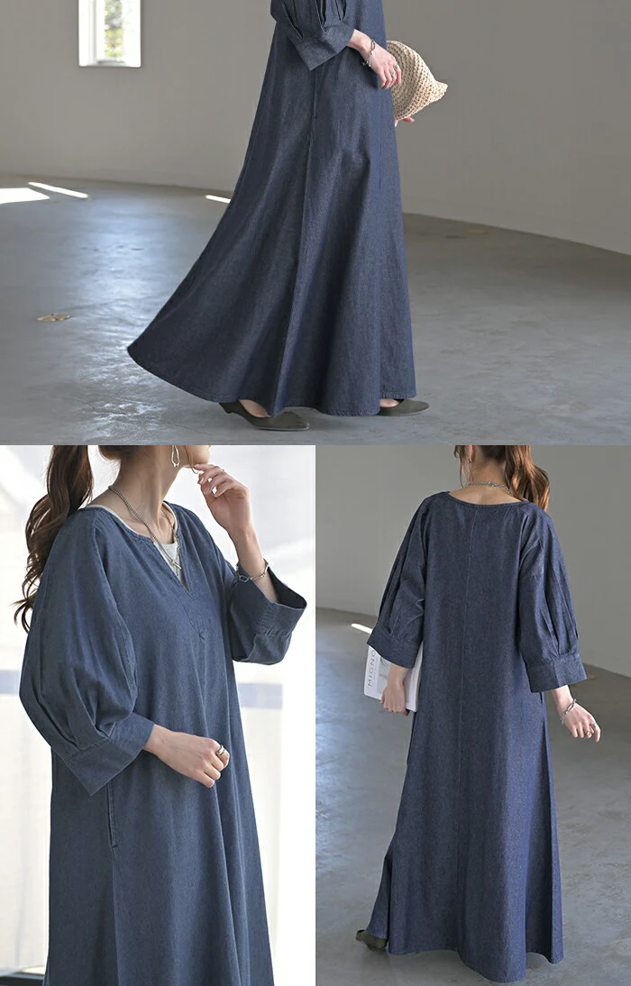 ワンピース デニム 綿100% ロング ロングワンピース デニムワンピース デニムワンピ レディース キーネック ノーカラー シャツ シャツワンピース ワンピ デニムシャツ マキシ フレア Aライン レイヤード おしゃれ 体型カバー ブラック ブルー 春 夏 - Image 10