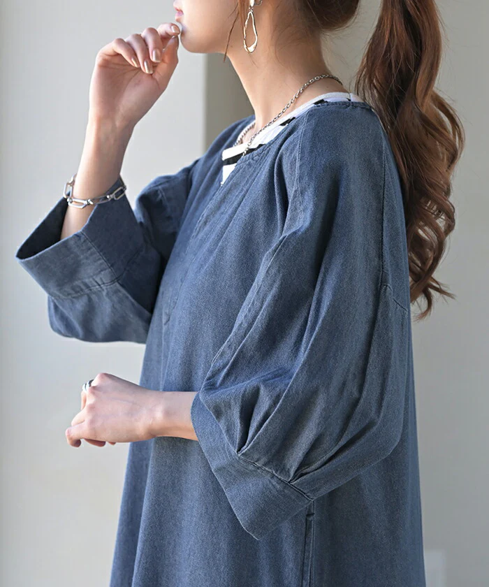 ワンピース デニム 綿100% ロング ロングワンピース デニムワンピース デニムワンピ レディース キーネック ノーカラー シャツ シャツワンピース ワンピ デニムシャツ マキシ フレア Aライン レイヤード おしゃれ 体型カバー ブラック ブルー 春 夏 - Image 22