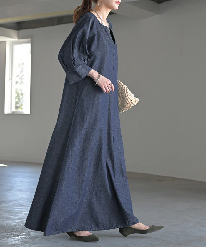 ワンピース デニム 綿100% ロング ロングワンピース デニムワンピース デニムワンピ レディース キーネック ノーカラー シャツ シャツワンピース ワンピ デニムシャツ マキシ フレア Aライン レイヤード おしゃれ 体型カバー ブラック ブルー 春 夏 - Image 5