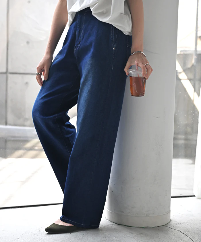デニム パンツ 接触冷感 吸水 速乾 デニムパンツ ■一部7月下旬入荷 レディース ワイドパンツ ワイド ジーンズ ジーパン ボトムス ボトム ストレート ズボン ハイウエスト ウエストゴム ストレッチ 無地 美脚 大きいサイズ 体型カバー 白 ネイビー 春 夏 HUG.U - Image 27