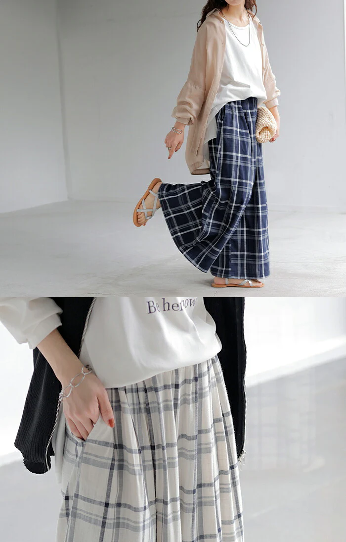 【夏セール】 パンツ チェック ワイドパンツ レディース ワイド ロング ロングパンツ ボトムス ボトム リネン 混 フレア フレアパンツ ズボン 太い チェックパンツ 柄 ゆったり ハイウエスト 美脚 ゴム 大きいサイズ 体型カバー おしゃれ 白 ネイビー 春 夏 HUG.U - Image 16
