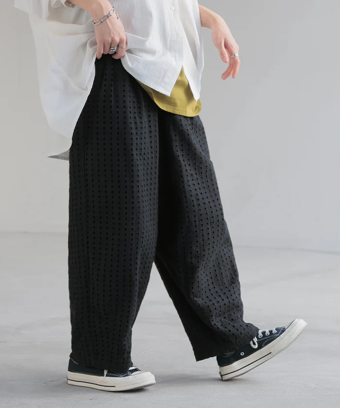 パンツ ワイド レース レディース ロング ワイドパンツ 綿100% 太い ガウチョ ガウチョパンツ ズボン ずぼん ボトムス 総柄 メッシュ 刺繍 ウエストゴム ハイウエスト コットン ナチュラル 体型カバー 大きいサイズ きれいめ 黒 白 夏 春 HUG.U - Image 26