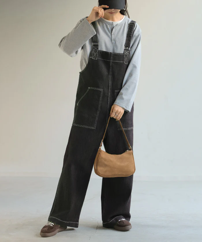 サロペット デニム レディース サロペ パンツ ロング ロングパンツ ノースリーブ オーバー オーバーオール レイヤード 重ね着 調節可能 ゆったり オーバーサイズ 大きいサイズ 体型カバー カジュアル ステッチ ポケット カーキ 黒 春 夏 HUG.U - Image 5