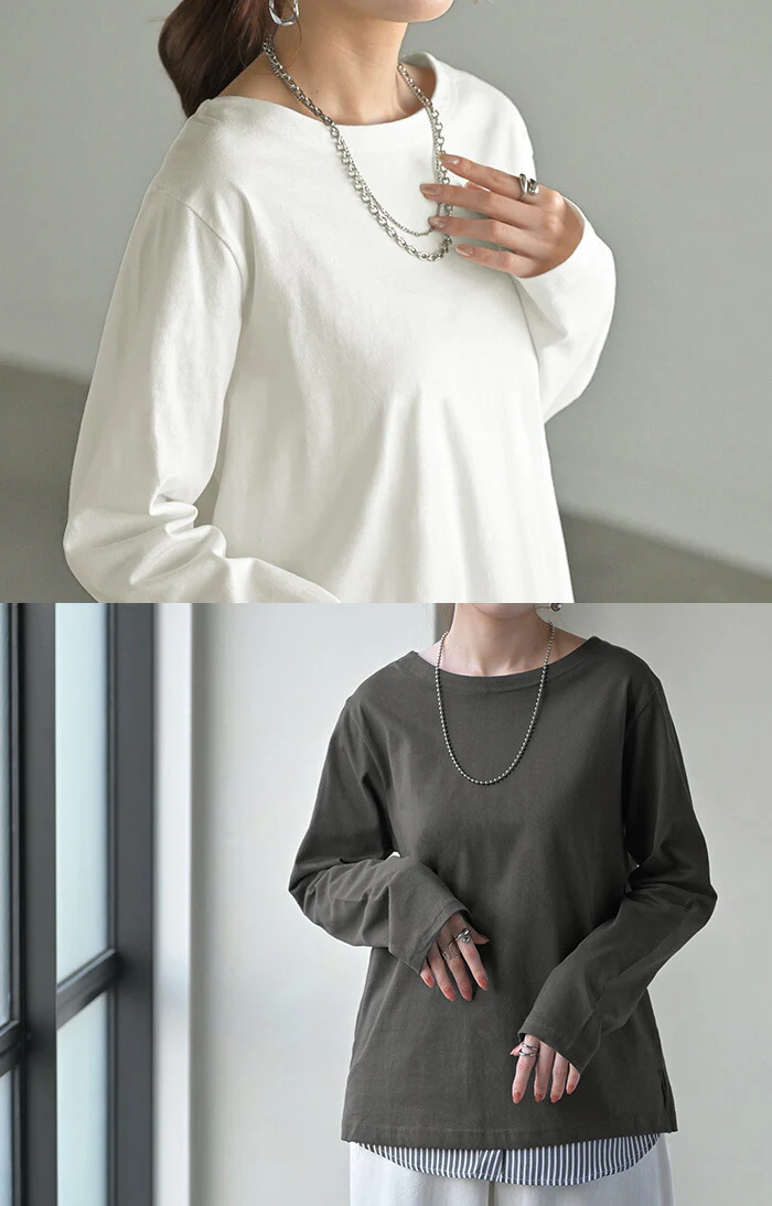 ロンT 綿100 コーマ糸 レディース トップス 長袖 Tシャツ カットソー ロング ティーシャツ チュニック ビッグ プラスサイズ クルーネック 長い ゆったり 無地 体型カバー 大きいサイズ コットン おしゃれ 高級感 きれいめ 上質 白 黒 春 夏 HUG.U メール便 - Image 8