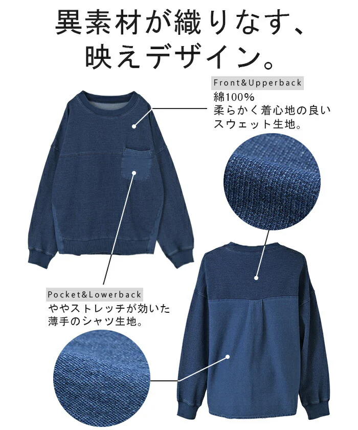 スウェット 異素材 ドッキング プルオーバー レディース トップス 綿100% ロング トレーナー シャツ オーバー 無地 デニム クルーネック リブ ストレッチ ドルマン オーバーサイズ ゆったり 体型カバー 大きいサイズ 黒 ブルー 春 夏 HUG.U - Image 14