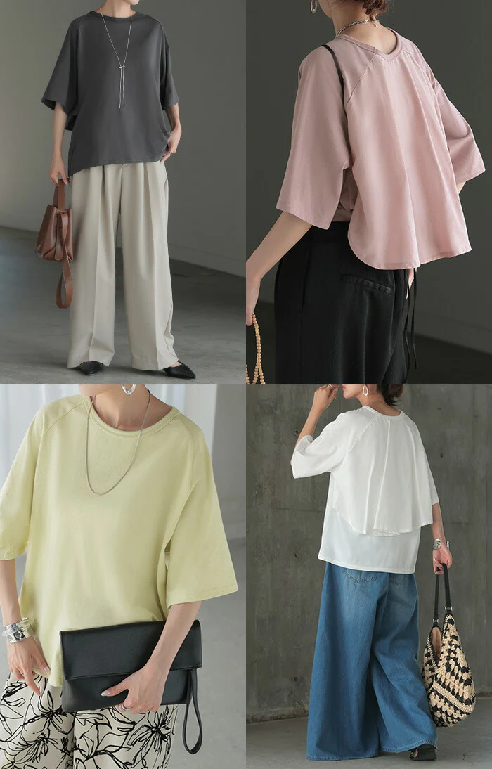 Tシャツ 接触 冷感 トップス レディース 半袖 カットソー ジャスト丈 フレア ミドル ドッキング 変形 ティーシャツ クルーネック ドルマン ドルマンスリーブ ゆったり 無地 二の腕カバー 体型カバー 大きいサイズ おしゃれ 白 グレー 春 夏 HUG.U メール便 - Image 21