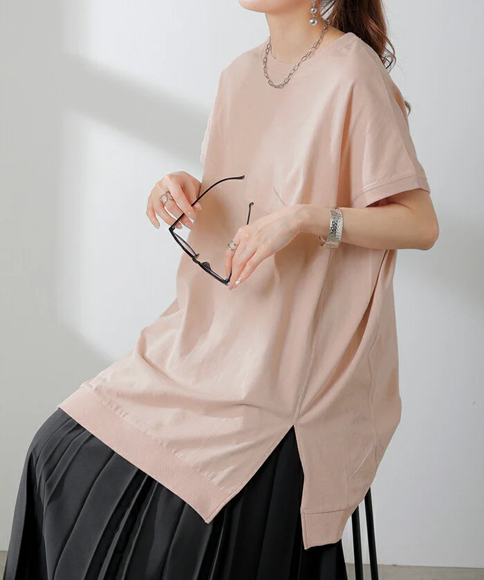 Tシャツ 綿100% レディース トップス 半袖 カットソー ロング ティーシャツ チュニック ビッグ プラスサイズ クルーネック レイヤード 長い ゆったり 天竺 スリット フレンチスリーブ 無地 体型カバー お尻が隠れる おしゃれ 白 グレー 春 夏 HUG.U メール便 - Image 21