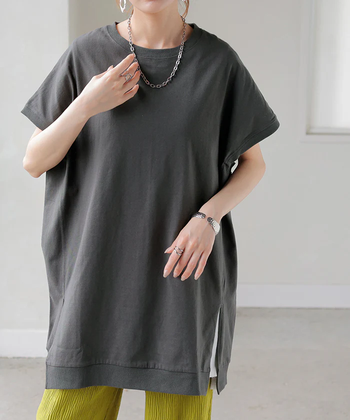 Tシャツ 綿100% レディース トップス 半袖 カットソー ロング ティーシャツ チュニック ビッグ プラスサイズ クルーネック レイヤード 長い ゆったり 天竺 スリット フレンチスリーブ 無地 体型カバー お尻が隠れる おしゃれ 白 グレー 春 夏 HUG.U メール便 - Image 29