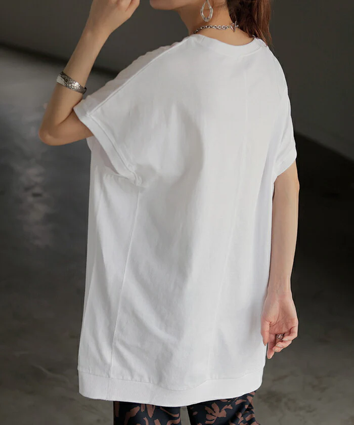 Tシャツ 綿100% レディース トップス 半袖 カットソー ロング ティーシャツ チュニック ビッグ プラスサイズ クルーネック レイヤード 長い ゆったり 天竺 スリット フレンチスリーブ 無地 体型カバー お尻が隠れる おしゃれ 白 グレー 春 夏 HUG.U メール便 - Image 8