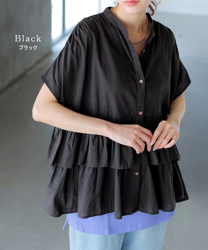 シャツ ノーカラー 綿100％ フリル トップス レディース バンドカラー ブラウス ロング ロングシャツ チュニック 半袖 無地 羽織 ライトアウター コットン きれいめ 二の腕カバー ゆったり 大きいサイズ ナチュラル 体型カバー 黒 白 春 夏 HUG.U メール便 - Image 14