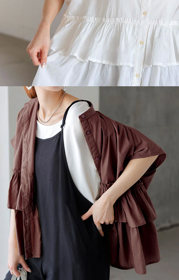 シャツ ノーカラー 綿100％ フリル トップス レディース バンドカラー ブラウス ロング ロングシャツ チュニック 半袖 無地 羽織 ライトアウター コットン きれいめ 二の腕カバー ゆったり 大きいサイズ ナチュラル 体型カバー 黒 白 春 夏 HUG.U メール便 - Image 16