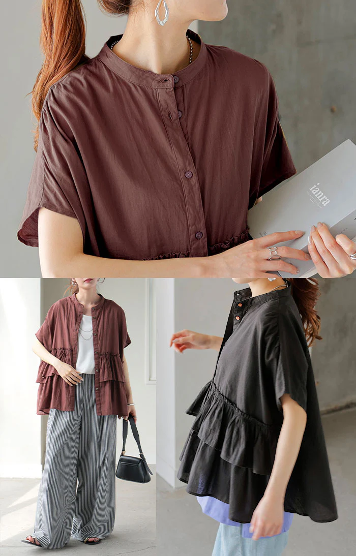 シャツ ノーカラー 綿100％ フリル トップス レディース バンドカラー ブラウス ロング ロングシャツ チュニック 半袖 無地 羽織 ライトアウター コットン きれいめ 二の腕カバー ゆったり 大きいサイズ ナチュラル 体型カバー 黒 白 春 夏 HUG.U メール便 - Image 19