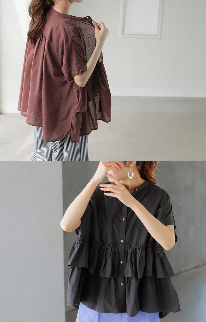 シャツ ノーカラー 綿100％ フリル トップス レディース バンドカラー ブラウス ロング ロングシャツ チュニック 半袖 無地 羽織 ライトアウター コットン きれいめ 二の腕カバー ゆったり 大きいサイズ ナチュラル 体型カバー 黒 白 春 夏 HUG.U メール便 - Image 22