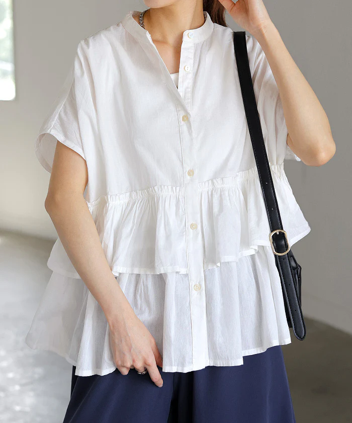 シャツ ノーカラー 綿100％ フリル トップス レディース バンドカラー ブラウス ロング ロングシャツ チュニック 半袖 無地 羽織 ライトアウター コットン きれいめ 二の腕カバー ゆったり 大きいサイズ ナチュラル 体型カバー 黒 白 春 夏 HUG.U メール便 - Image 28