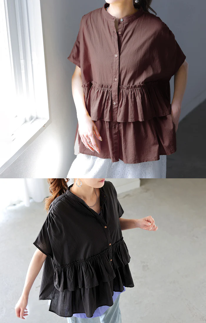 シャツ ノーカラー 綿100％ フリル トップス レディース バンドカラー ブラウス ロング ロングシャツ チュニック 半袖 無地 羽織 ライトアウター コットン きれいめ 二の腕カバー ゆったり 大きいサイズ ナチュラル 体型カバー 黒 白 春 夏 HUG.U メール便 - Image 3