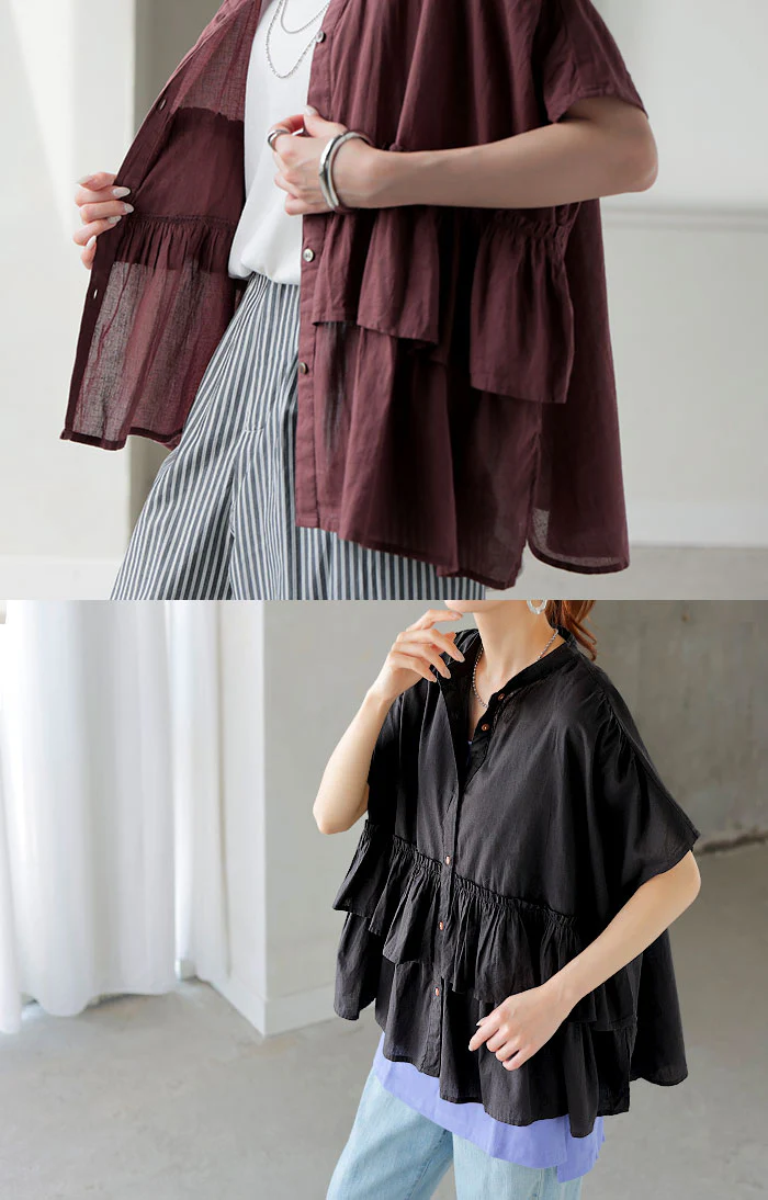 シャツ ノーカラー 綿100％ フリル トップス レディース バンドカラー ブラウス ロング ロングシャツ チュニック 半袖 無地 羽織 ライトアウター コットン きれいめ 二の腕カバー ゆったり 大きいサイズ ナチュラル 体型カバー 黒 白 春 夏 HUG.U メール便 - Image 8