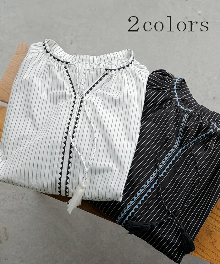 ブラウス ストライプ スキッパー シャツ 刺繍 レディース トップス ロング ロングシャツ チュニック 長袖 羽織 ストライプシャツ ライトアウター きれいめ ゆったり 大きいサイズ 体型カバー お尻が隠れる ドルマン ナチュラル 白 黒 春 夏 HUG.U - Image 11
