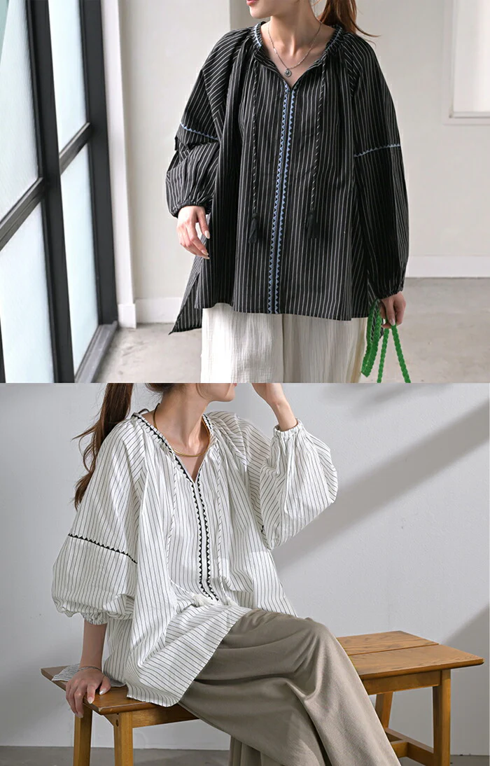ブラウス ストライプ スキッパー シャツ 刺繍 レディース トップス ロング ロングシャツ チュニック 長袖 羽織 ストライプシャツ ライトアウター きれいめ ゆったり 大きいサイズ 体型カバー お尻が隠れる ドルマン ナチュラル 白 黒 春 夏 HUG.U - Image 15