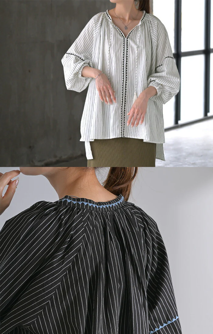 ブラウス ストライプ スキッパー シャツ 刺繍 レディース トップス ロング ロングシャツ チュニック 長袖 羽織 ストライプシャツ ライトアウター きれいめ ゆったり 大きいサイズ 体型カバー お尻が隠れる ドルマン ナチュラル 白 黒 春 夏 HUG.U - Image 9