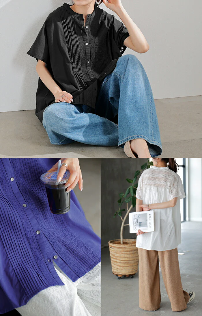 シャツ レース ノーカラー インド 綿100% レディース ピンタック トップス バンドカラー ブラウス ロング ロングシャツ コットン シアー 薄手 半袖 無地 羽織 ゆったり 大きいサイズ オーバーサイズ 体型カバー お尻が隠れる 白 黒 春 夏 HUG.U メール便 - Image 15