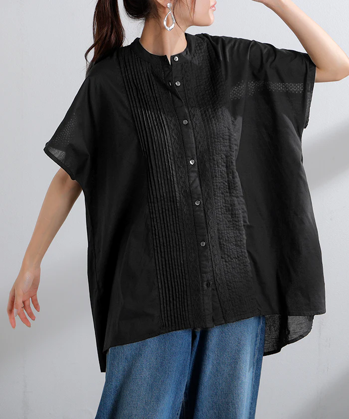 シャツ レース ノーカラー インド 綿100% レディース ピンタック トップス バンドカラー ブラウス ロング ロングシャツ コットン シアー 薄手 半袖 無地 羽織 ゆったり 大きいサイズ オーバーサイズ 体型カバー お尻が隠れる 白 黒 春 夏 HUG.U メール便 - Image 29
