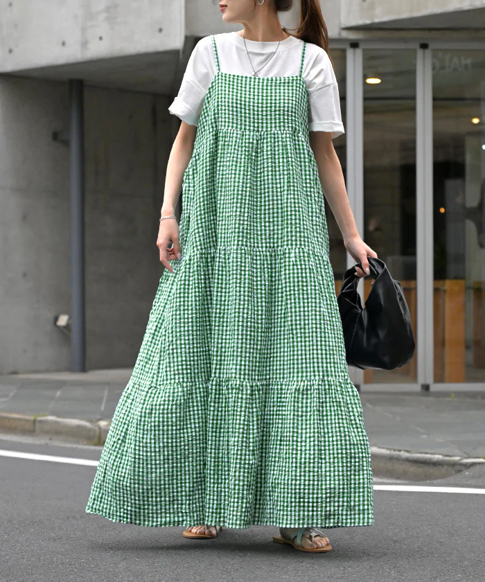 ワンピース ロング 綿100 チェック ワンピ キャミワンピ レディース キャミソールワンピース ロング ロングワンピース Aライン マキシ ワンピ ノースリーブ タンクトップ 重ね着 レイヤード 体型カバー 大きいサイズ 黒 ネイビー 春 夏 HUG.U - Image 27