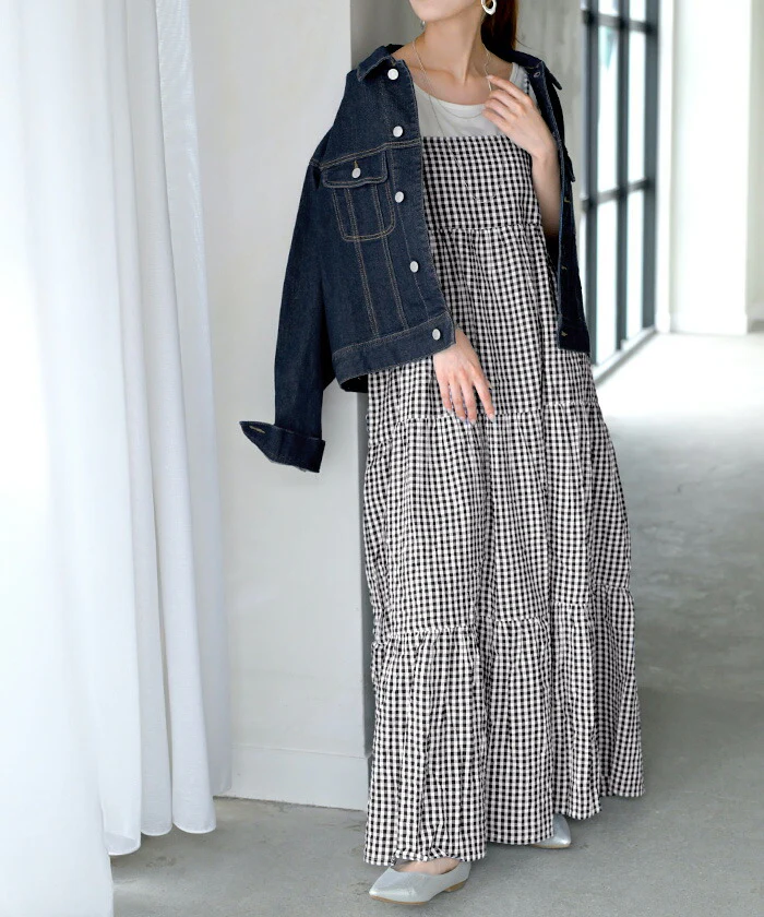 ワンピース ロング 綿100 チェック ワンピ キャミワンピ レディース キャミソールワンピース ロング ロングワンピース Aライン マキシ ワンピ ノースリーブ タンクトップ 重ね着 レイヤード 体型カバー 大きいサイズ 黒 ネイビー 春 夏 HUG.U - Image 6
