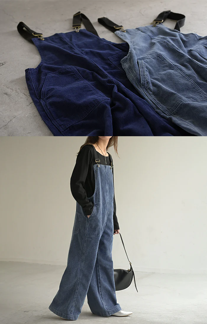 サロペット 綿100 コーデュロイ ロング レディース サロペ パンツ ロングパンツ ノースリーブ ワイド ストレート オーバーオール レイヤード 重ね着 調節可能 ゆったり きれいめ オーバーサイズ 大きいサイズ 体型カバー ブルー ネイビー 秋 冬 HUG.U - Image 16
