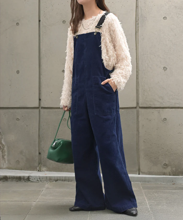 サロペット 綿100 コーデュロイ ロング レディース サロペ パンツ ロングパンツ ノースリーブ ワイド ストレート オーバーオール レイヤード 重ね着 調節可能 ゆったり きれいめ オーバーサイズ 大きいサイズ 体型カバー ブルー ネイビー 秋 冬 HUG.U - Image 17