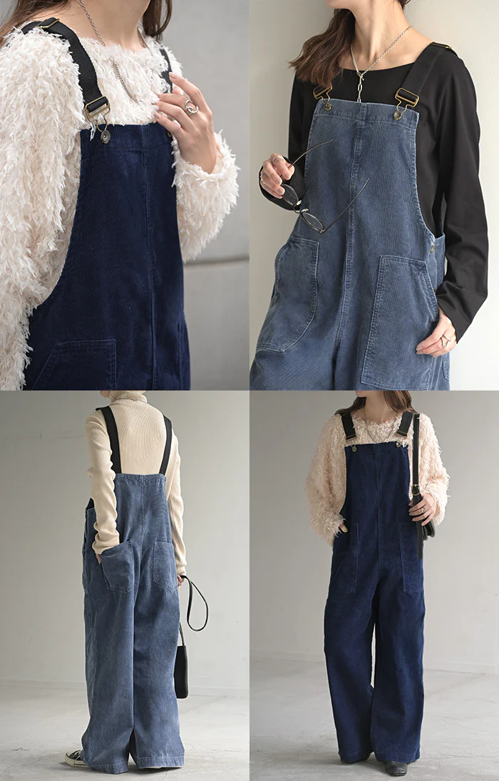 サロペット 綿100 コーデュロイ ロング レディース サロペ パンツ ロングパンツ ノースリーブ ワイド ストレート オーバーオール レイヤード 重ね着 調節可能 ゆったり きれいめ オーバーサイズ 大きいサイズ 体型カバー ブルー ネイビー 秋 冬 HUG.U - Image 19