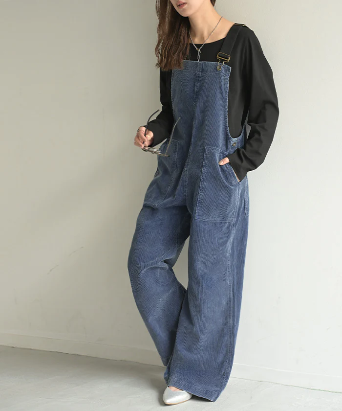 サロペット 綿100 コーデュロイ ロング レディース サロペ パンツ ロングパンツ ノースリーブ ワイド ストレート オーバーオール レイヤード 重ね着 調節可能 ゆったり きれいめ オーバーサイズ 大きいサイズ 体型カバー ブルー ネイビー 秋 冬 HUG.U - Image 26